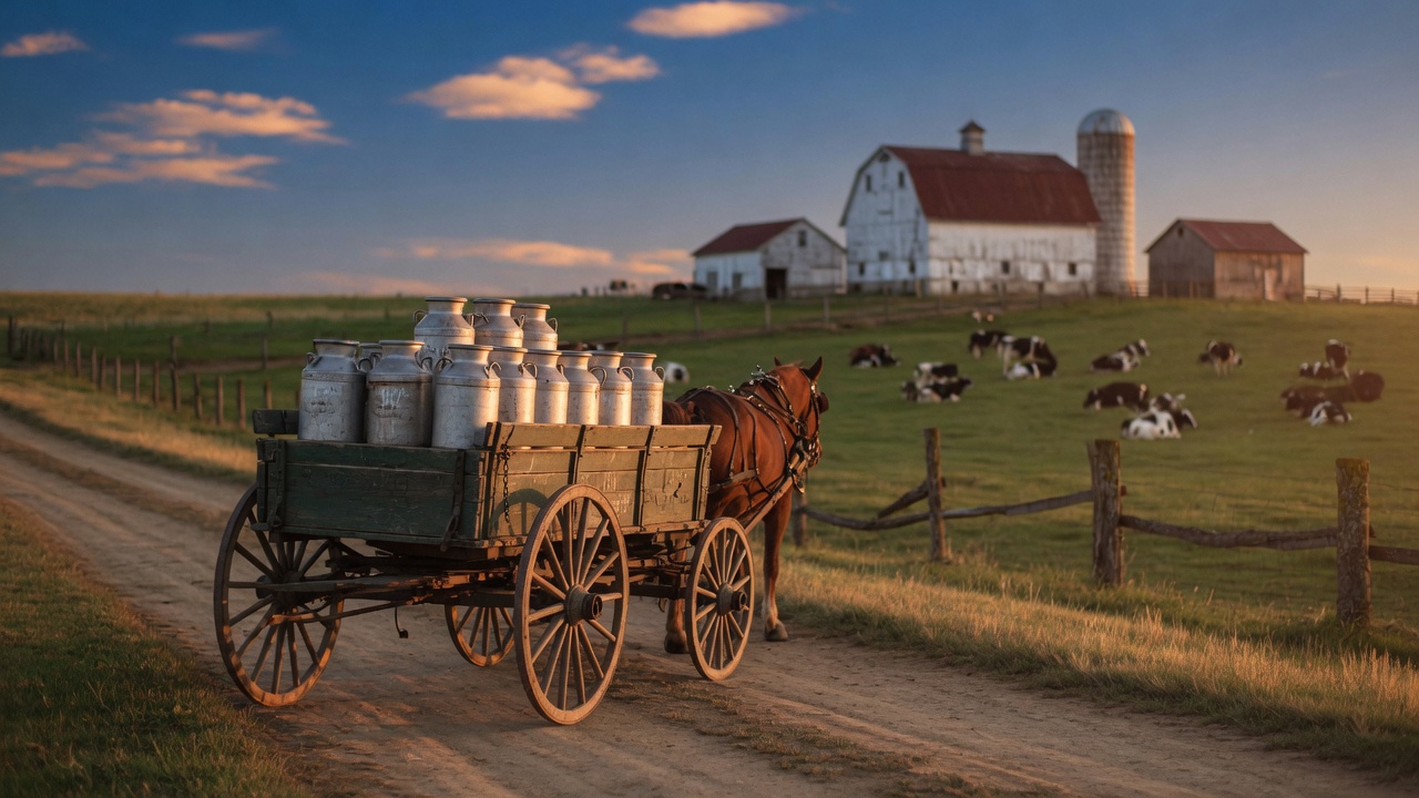 Historic dairy delivery wagon on a farm road
